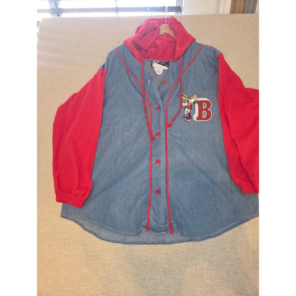 Vintage 1992 Bugs Bunny Baseball Hooded Denim Shirt Jacket Women's Small USA